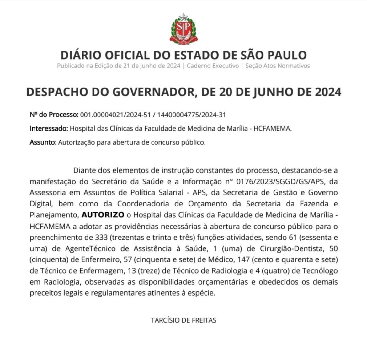 Tarc Sio Atende Vinicius E Autoriza Concurso Vagas Para O Hc De