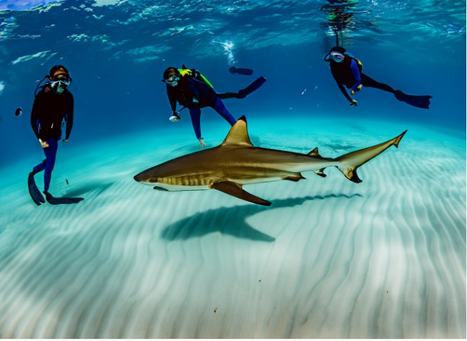 Imagem produzida por IA, mostra pessoas nadando com tubarões - Colab./IA Adobe
