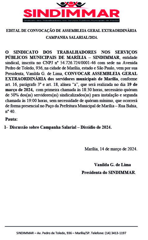 Edital de convocação para assembleia do dia 19 de março - Colab./Assessoria de Imprensa