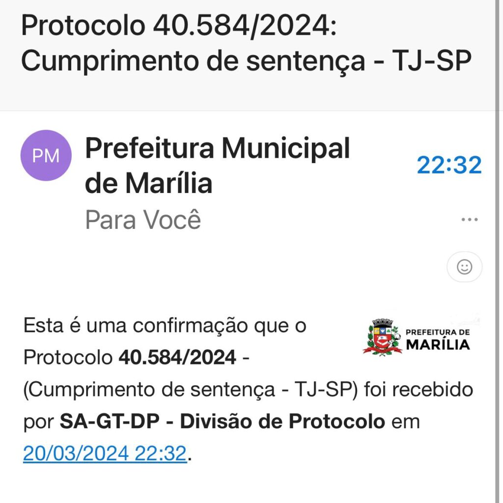 Print em que aparece notificação recebida pela Prefeitura contra os rodeios