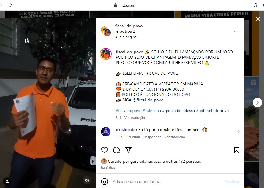 Vídeo em que o Fiscal do Povo mostra boletim de ocorrência - Reprodução/Instagram