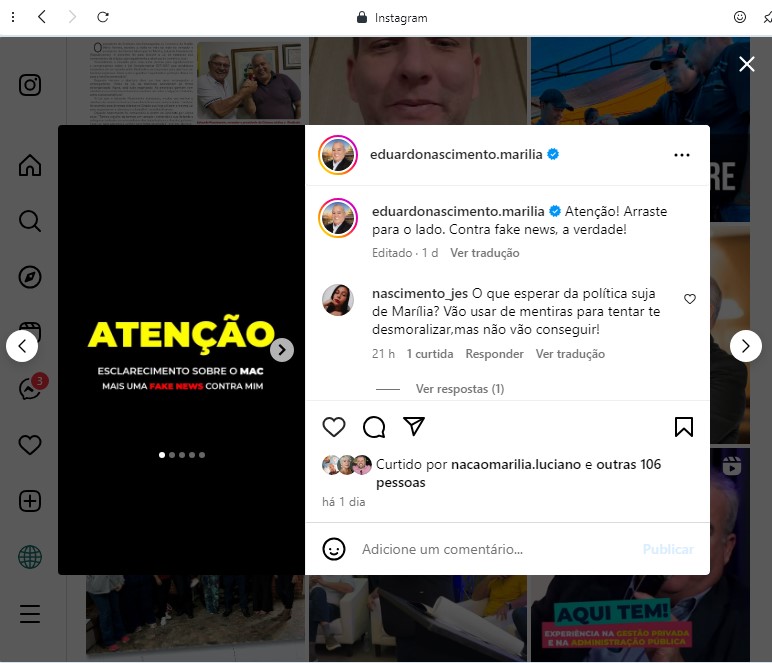 Nascimento também usou as redes sociais, para responder a Fake News