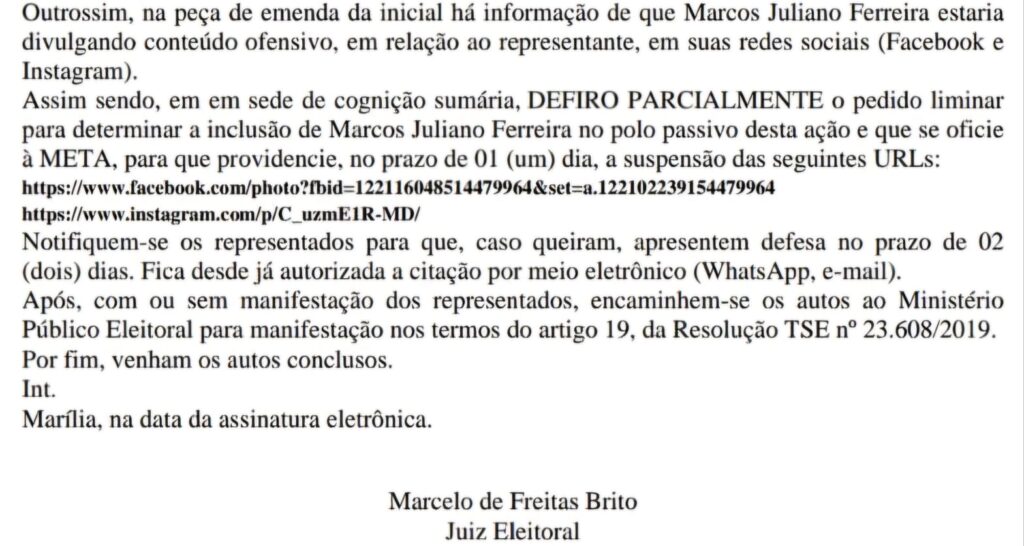 Decisão da Justiça Eleitoral, para retirar postagens de redes sociais - Print/Justiça Eleitoral