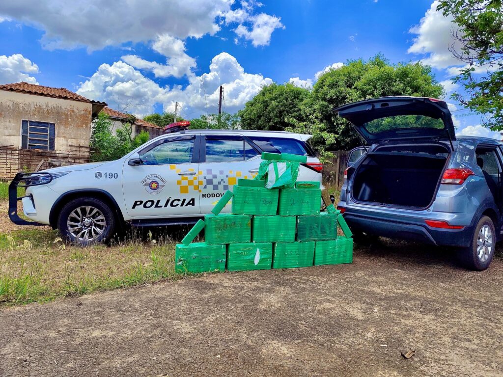 Pacotes de maconha empilhados perto dos carros da PRV - Colab./ Pol. Rodoviária