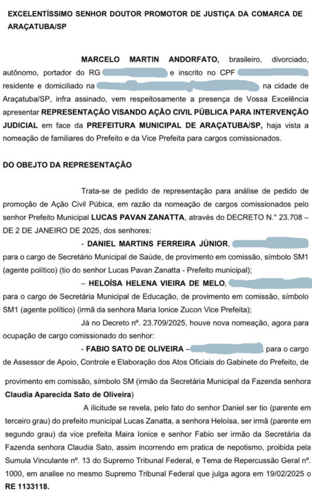 Reprodução de trecho da representação protocolada no MP - Colab./Ass. de Imprensa