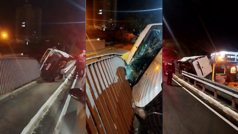 Furgão fica pendurado em viaduto após acidente na Murchid Homsi, em Rio Preto