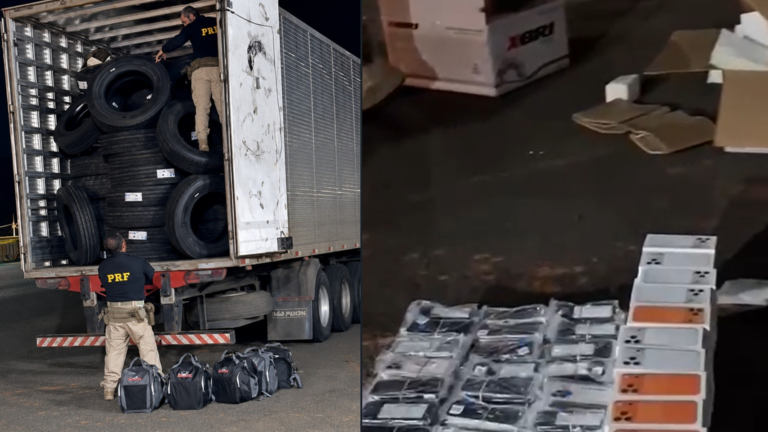 Contrabando de celulares: PRF apreende mais de 400 aparelhos em carga de pneus na BR-153