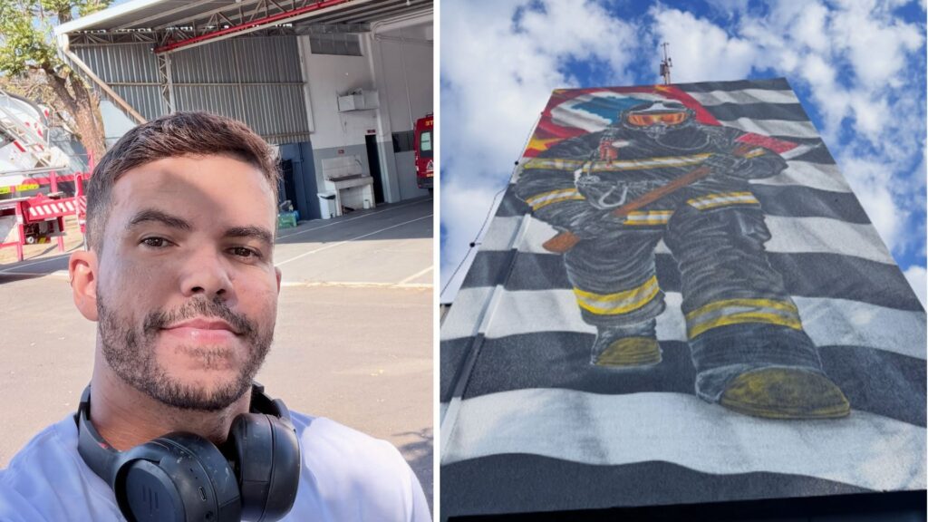 Arte gigante homenageia bombeiro em quartel de Rio Preto